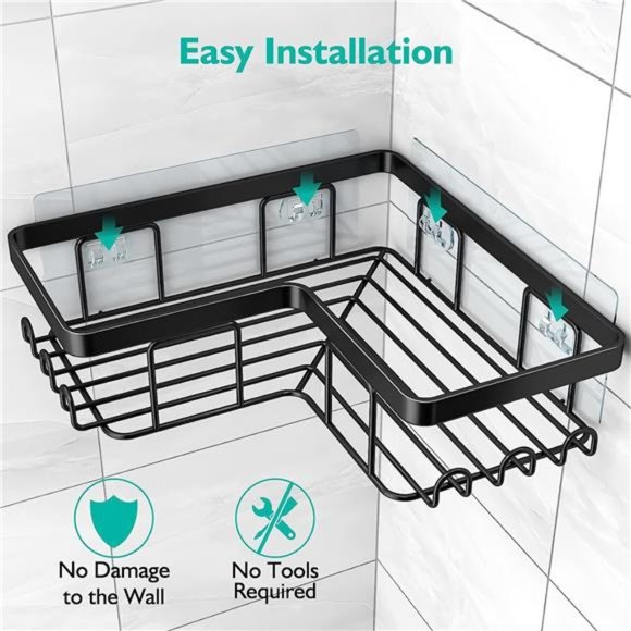 Corner Shower Caddy, 3-Pack Adhesive Shower Caddy with Soap Holder and 12 Hooks - Picture 4 of 6